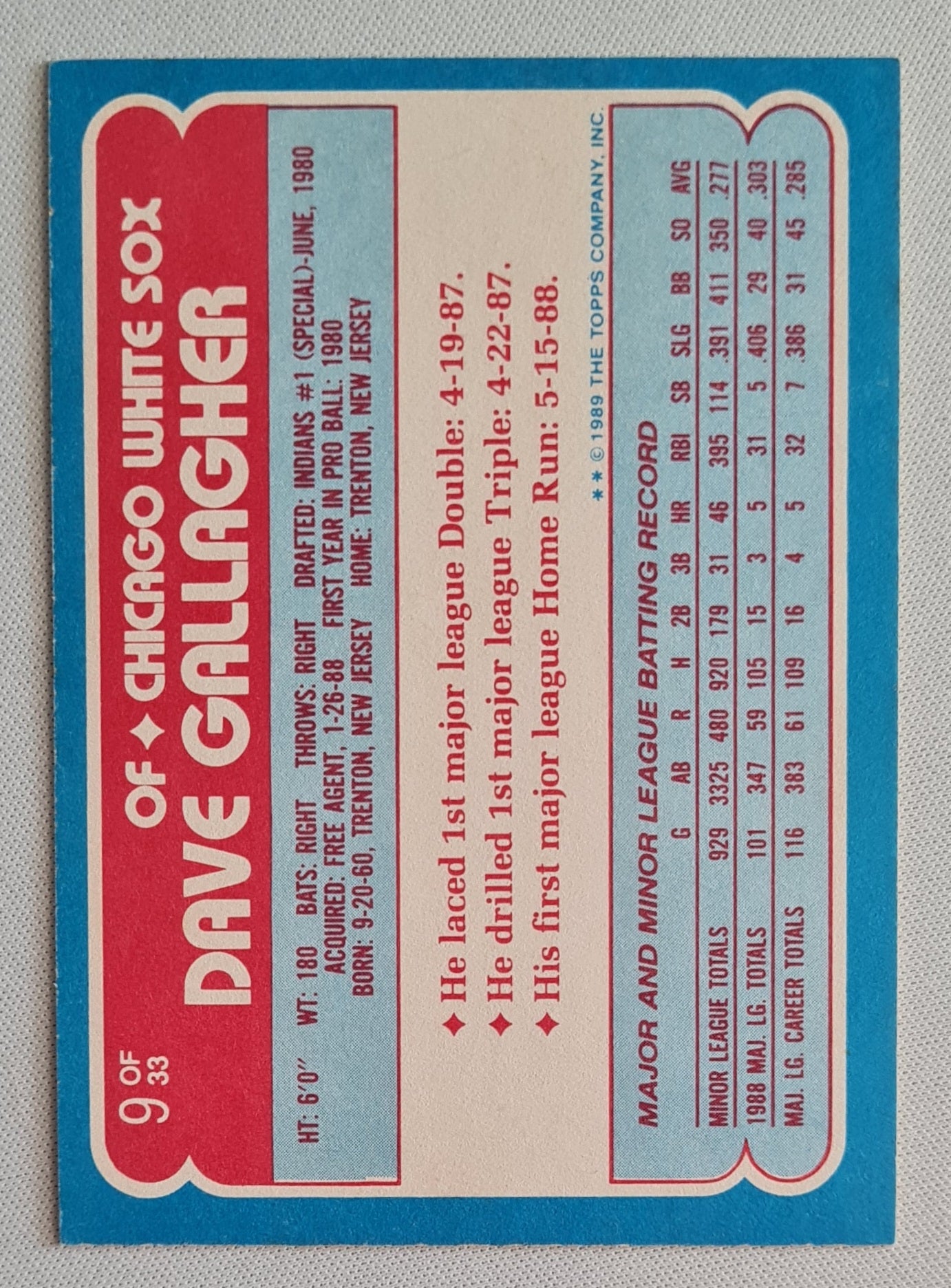 Dave Gallagher - 1989 Topps MLB Baseball Chicago White Sox Rookies #9 of 33