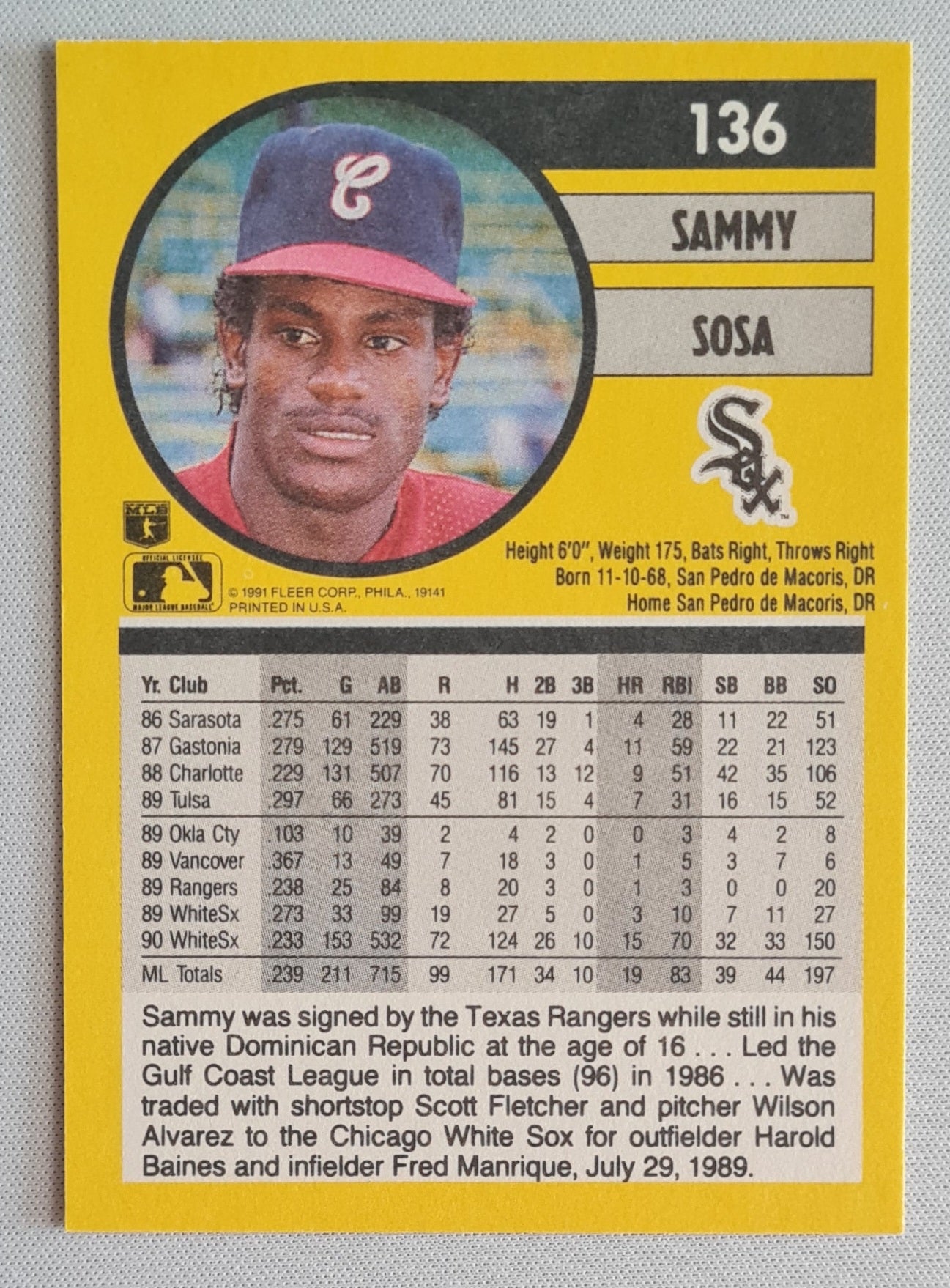 Sammy Sosa - 1991 Fleer MLB Baseball Chicago White Sox #136