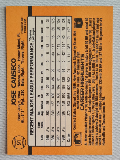 Jose Canseco - 1988 Leaf Donruss MLB Baseball Oakland Athletics #91