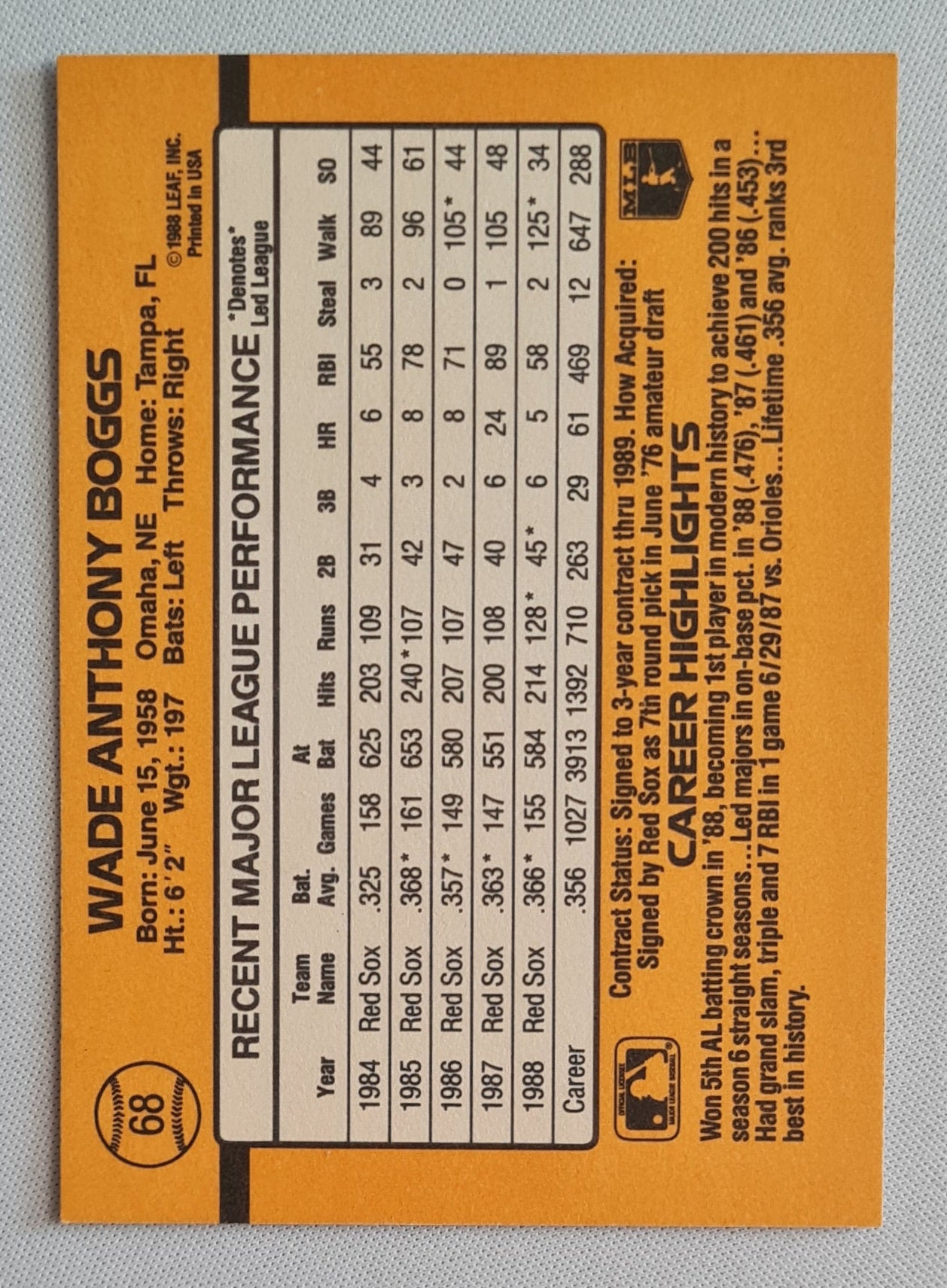 Wade Boggs - 1988 Leaf Donruss MLB Baseball Boston Red Sox #68