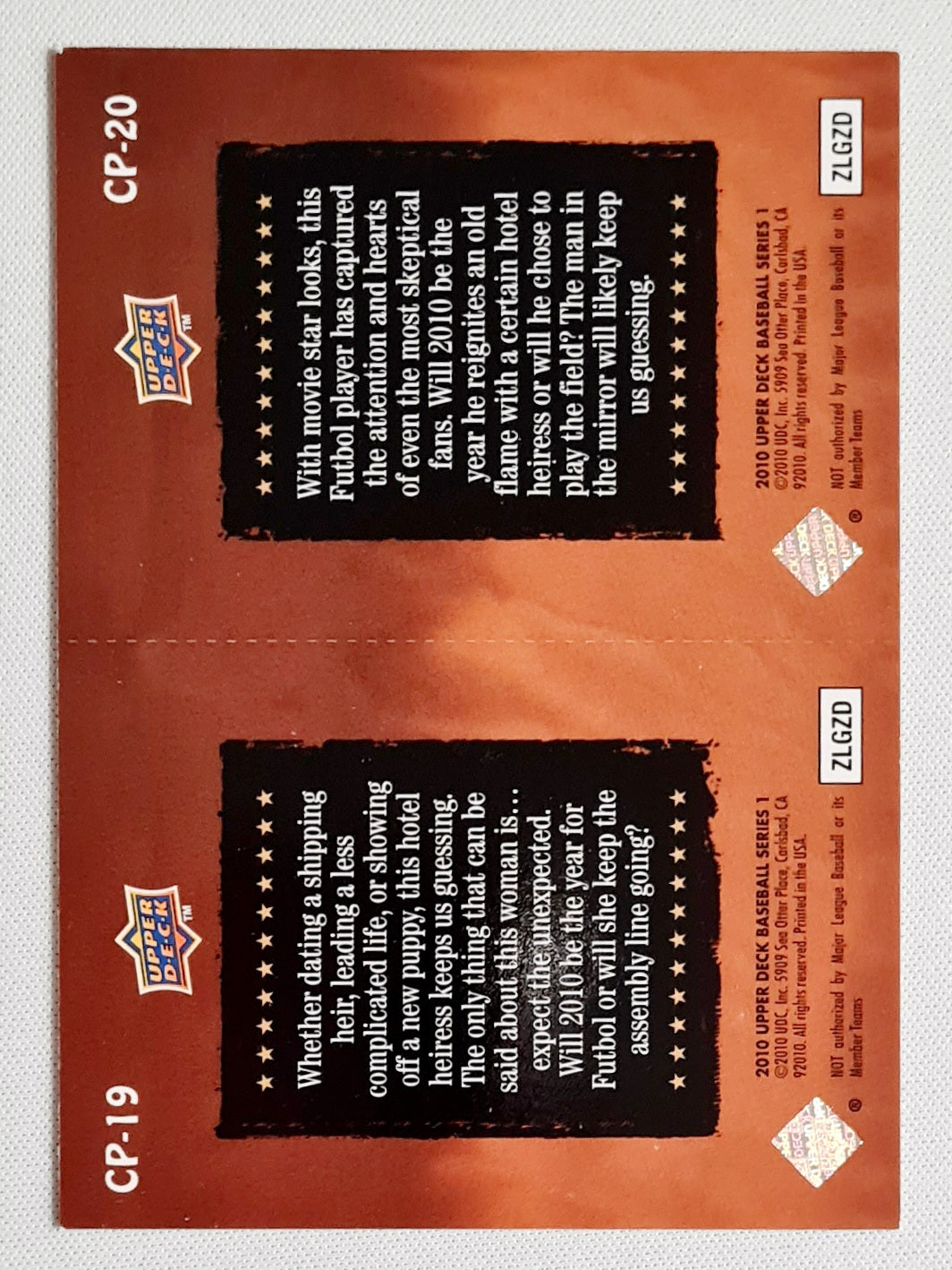 Celebrity Predictions - 2010 Upper Deck Baseball Series 1 Cristiano Ronaldo/ Paris Hilton #CP-19 & #CP20