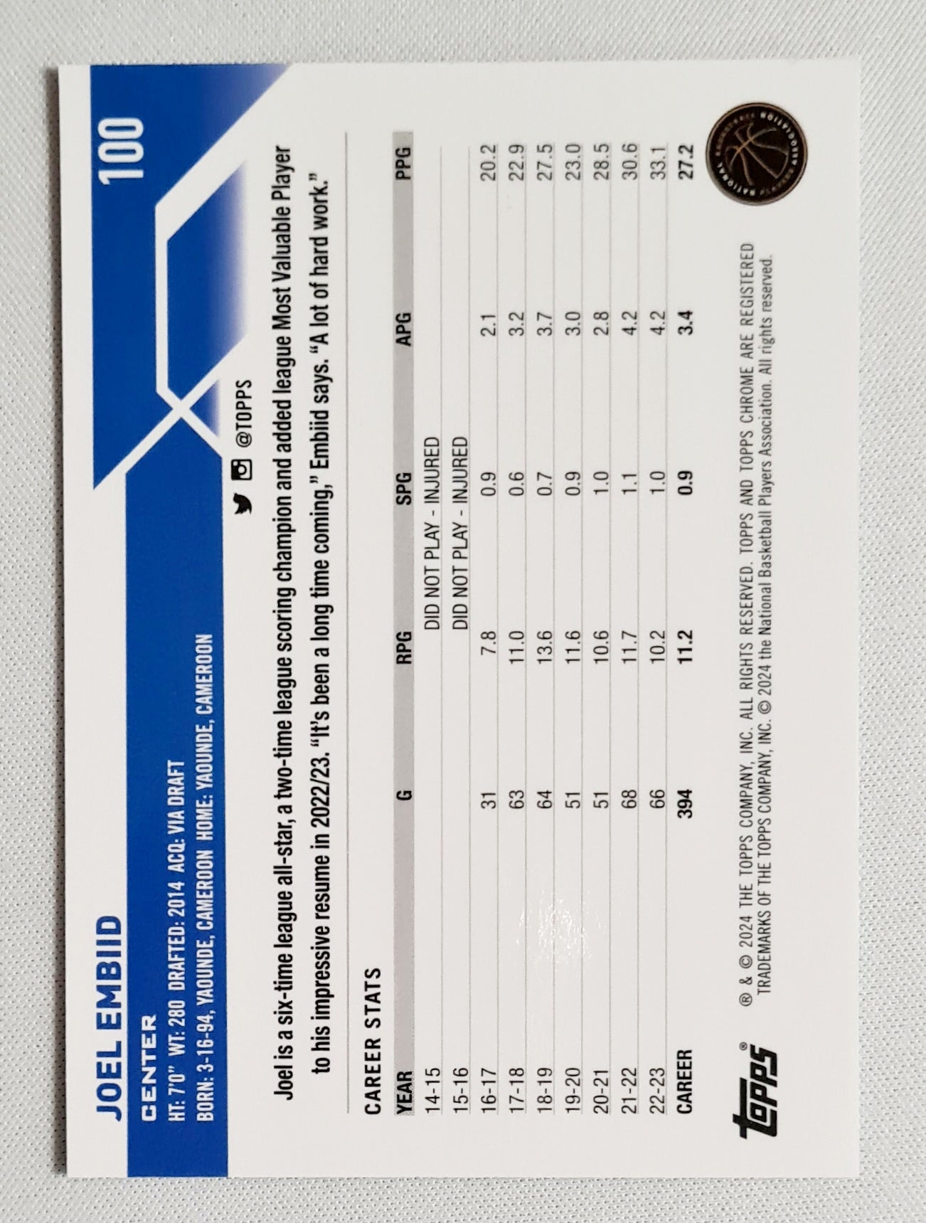 Joel Embiid - 2024 Topps Chrome NBA Basketball Philadelphia #100 /199