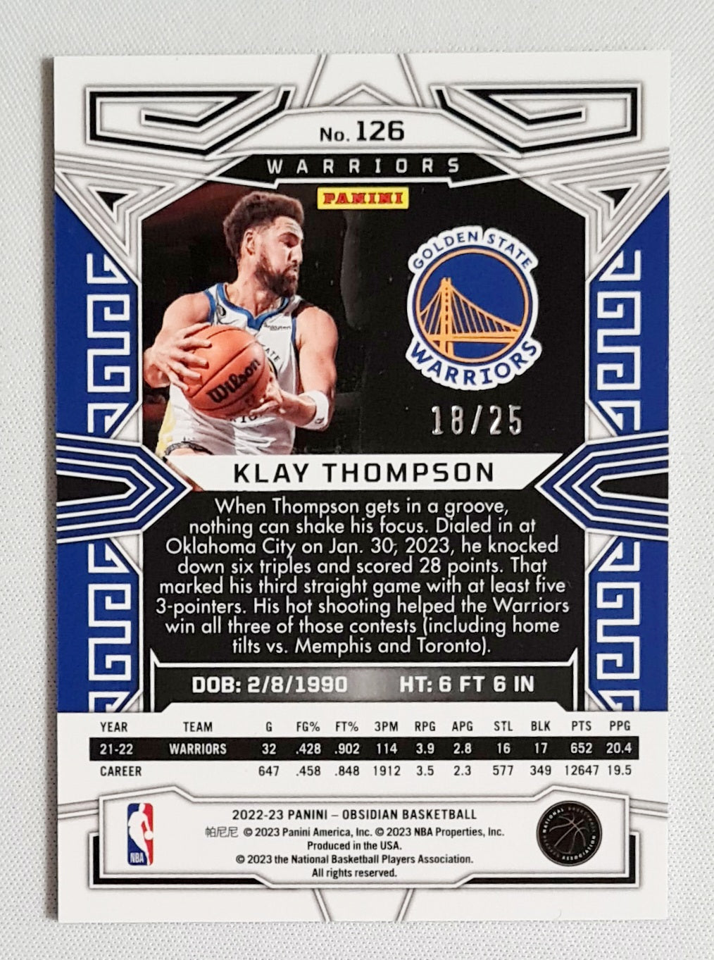 Klay Thompson - 2022/23 Panini Obsidian Basketball NBA Golden State Warriors #126 /25