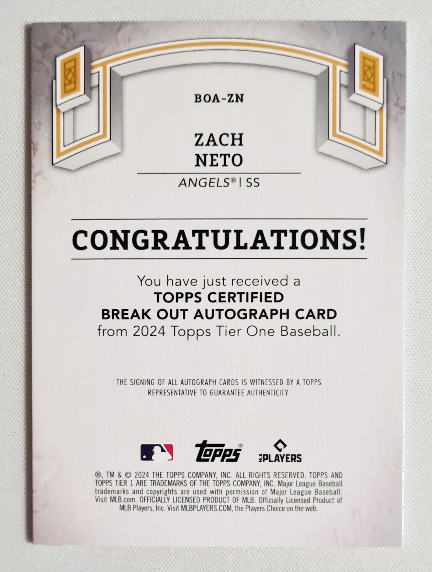 Neto - 2024 Topps Tier One Baseball MLB Angels #BOA-ZN /Auto /99