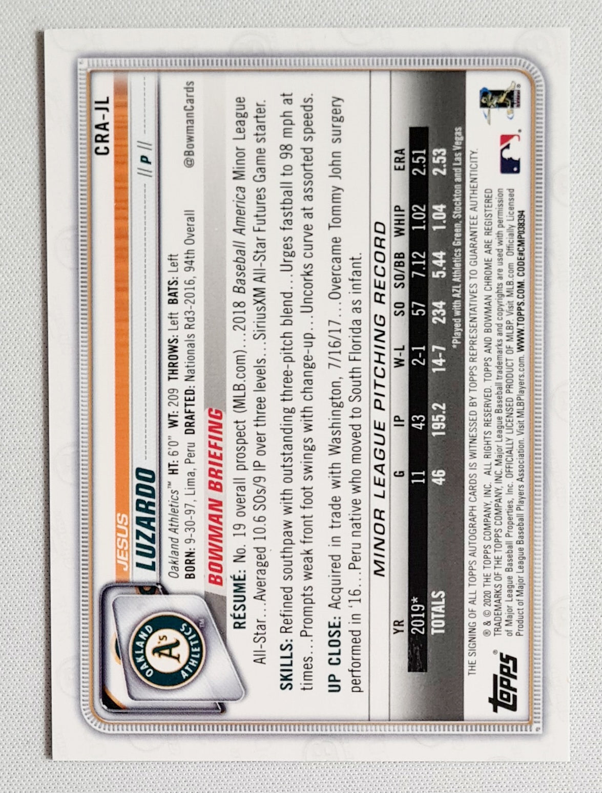 Jesus Luzardo - 2020 Topps Bowman Chrome MLB Baseball Oakland Athletics (RC) #CRA-JL /99 /Auto