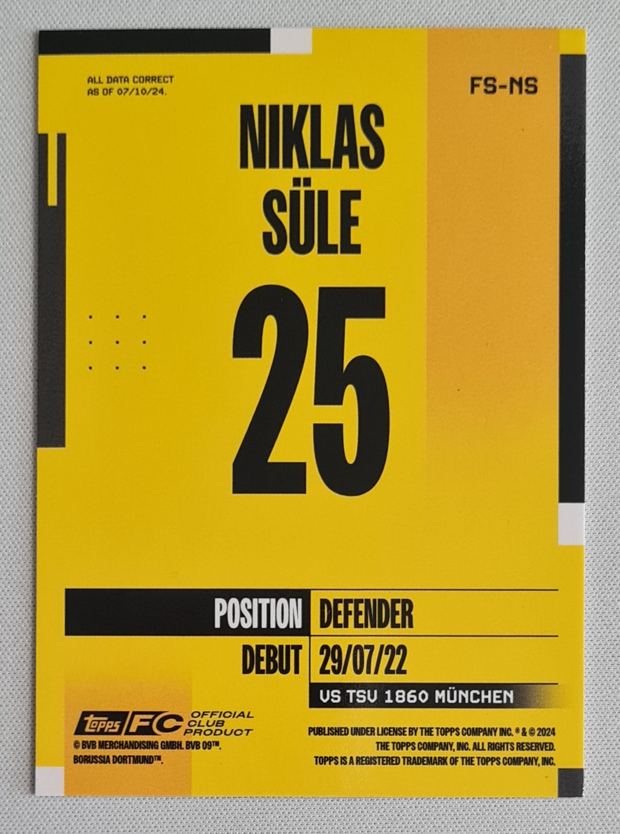 Niklas Sule - 2024 Topps FC Club Product BVB 09 #FS-NS Refractor /50