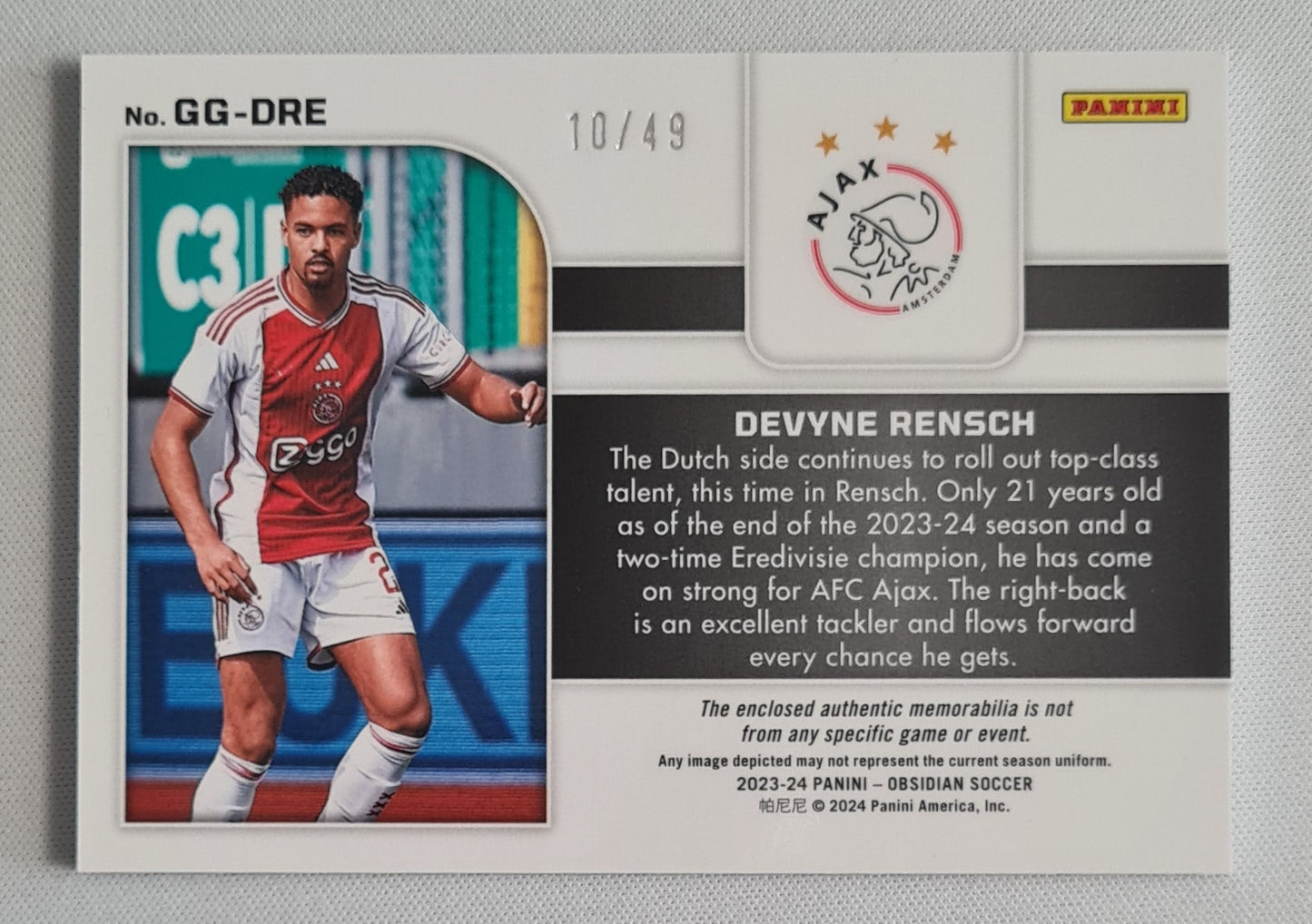 Devyne Rensch - 2023/24 Panini Obsidian Soccer Ajax Fc #GG-DRE /Patch /49