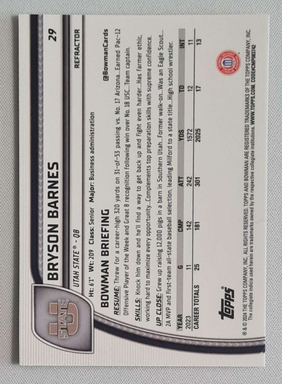Bryson Barnes - 2024 Topps 1st Bowman U Chrome Football - Utah State #29 Refractor