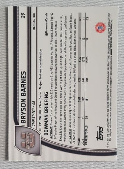 Bryson Barnes - 2024 Topps 1st Bowman U Chrome Football - Utah State #29 Refractor
