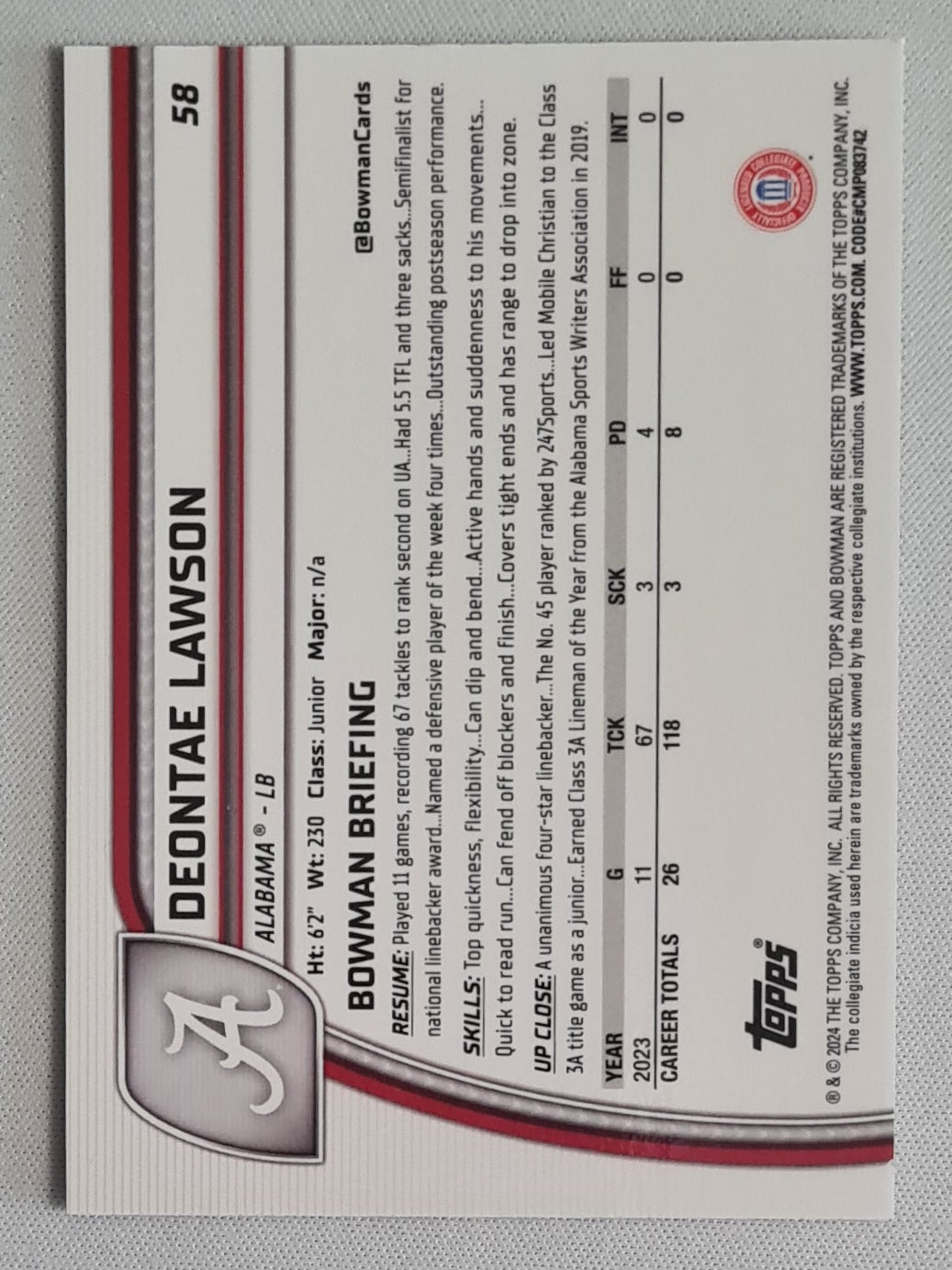Deontae Lawson - 2024 Topps 1st Bowman U Chrome Football - Alabama #58 Pink Lava Refractor