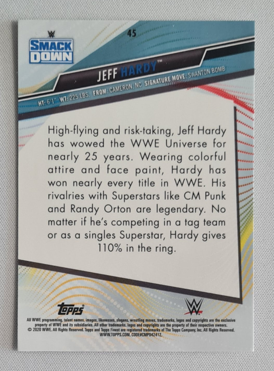 Jeff Hardy - 2020 Topps Finest WWE Wrestling Smack Down #45