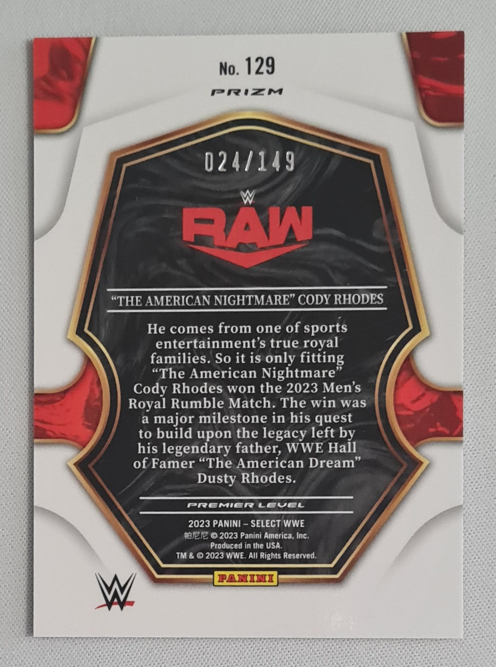 Cody Rhodes - 2023 Panini Select WWE Wrestling RAW #129 Premier Level /149