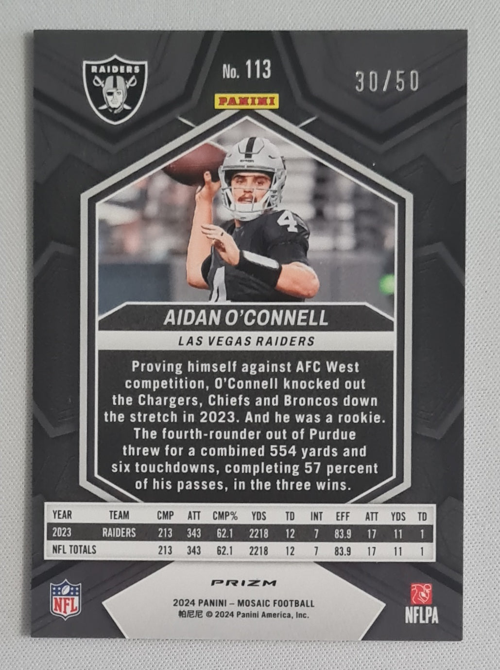 Aidan O'Connell - 2024 Panini Mosaic Football NFL Raiders #113 Purple Disco Refractor /50
