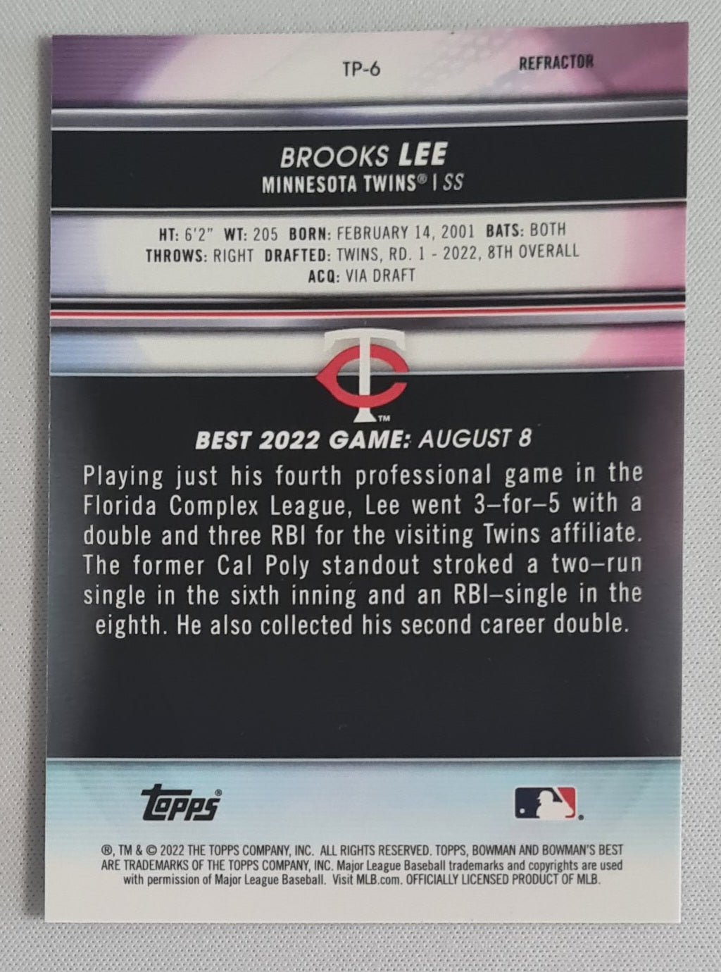Brooks Lee - 2022 Topps Finest Baseball MLB Minnesota Twins #TP-6 Refractor