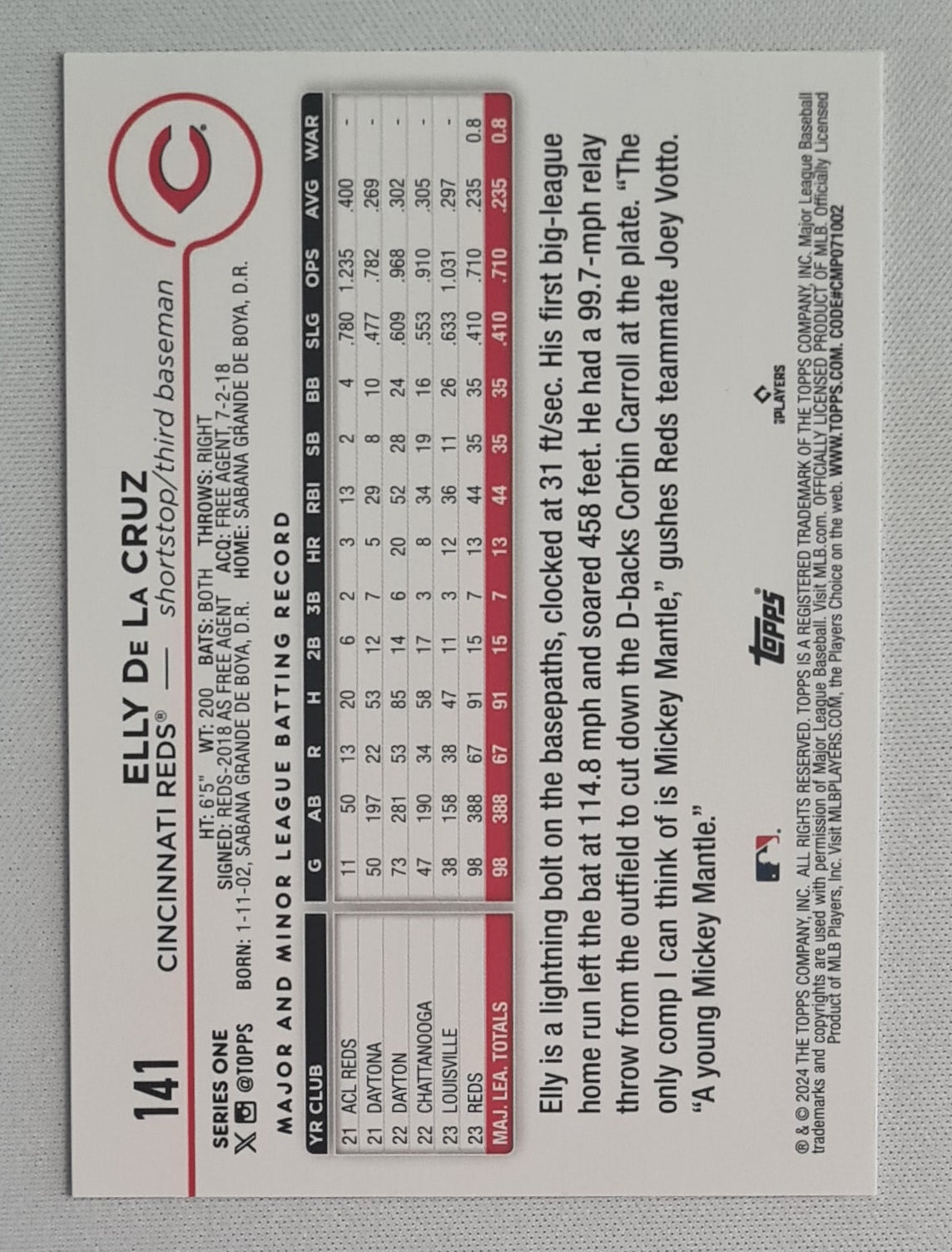 Elly De La Cruz - 2024 Topps MLB Baseball Cincinnati Reds (RC) #141