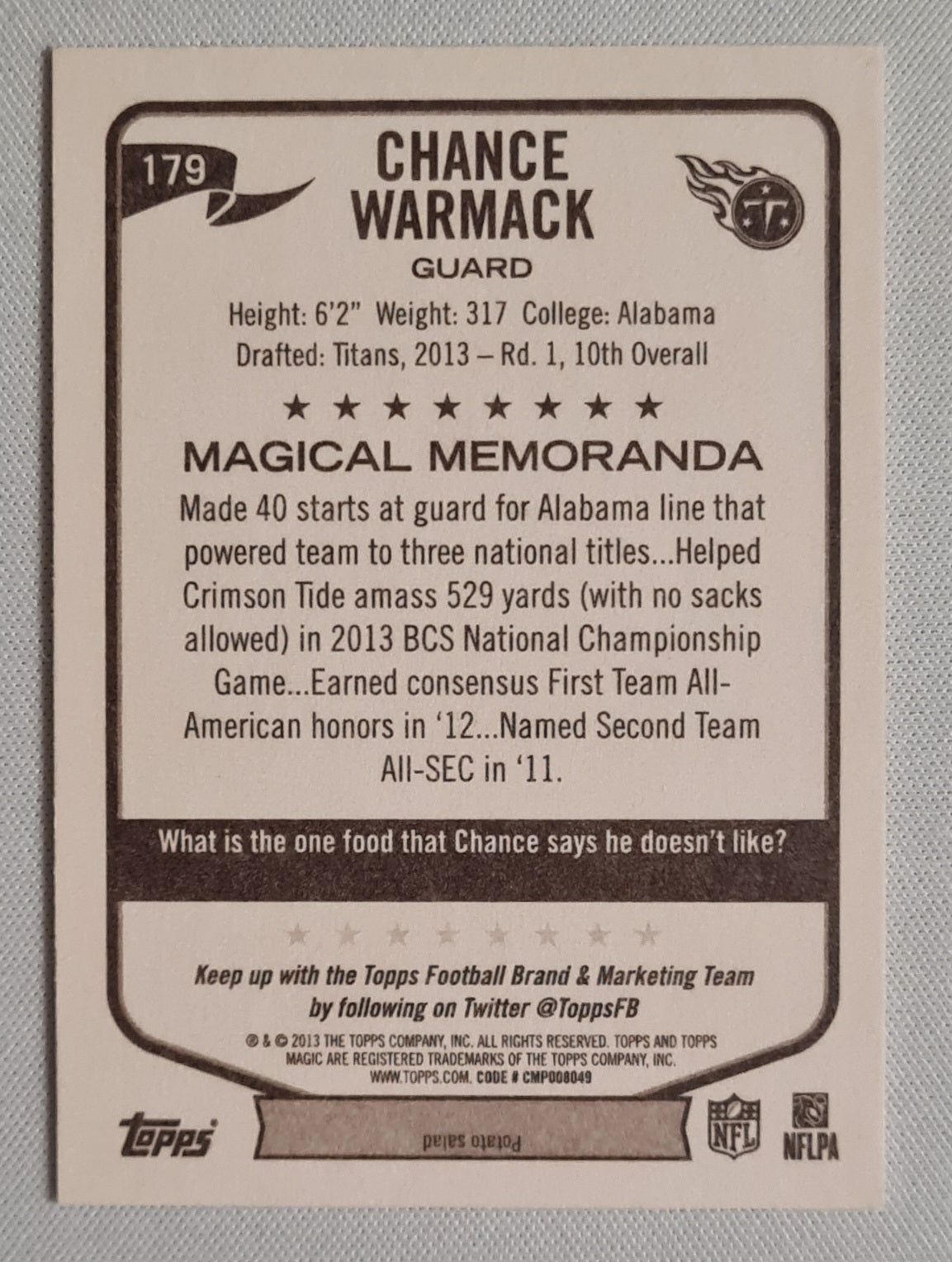 Chance Warmack - 2013 Topps Magic Memoranda Titans #179 (Mini Card)