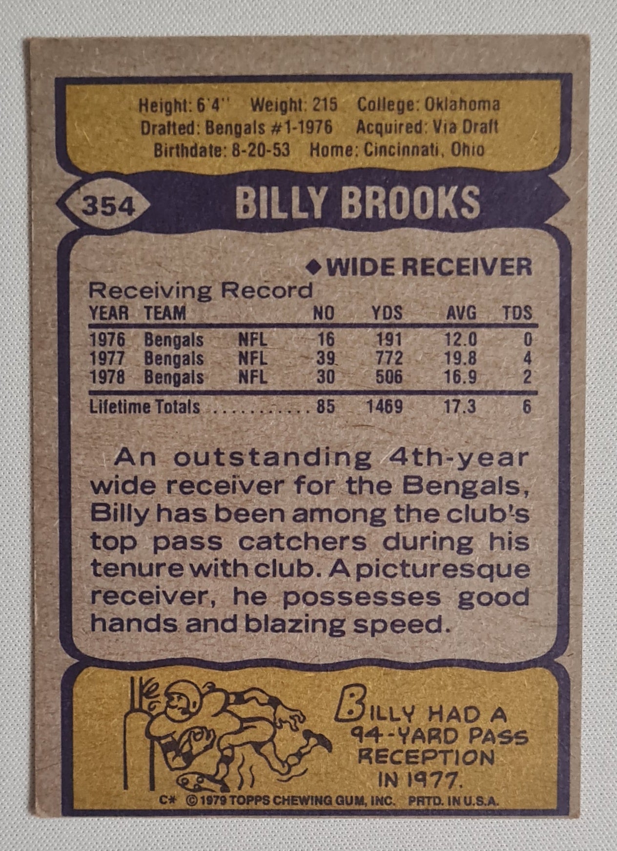 Billy Brooks - 1979 Topps Chewing Gum Inc. NFL Football Bengals #354