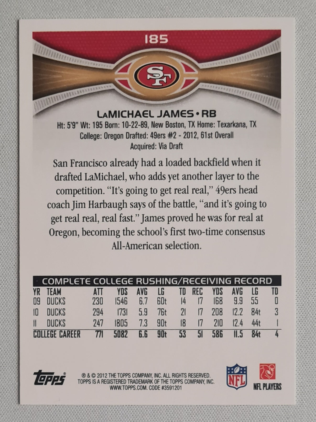 LaMichael James - 2012 Topps NFL Football 49ers (RC) #185