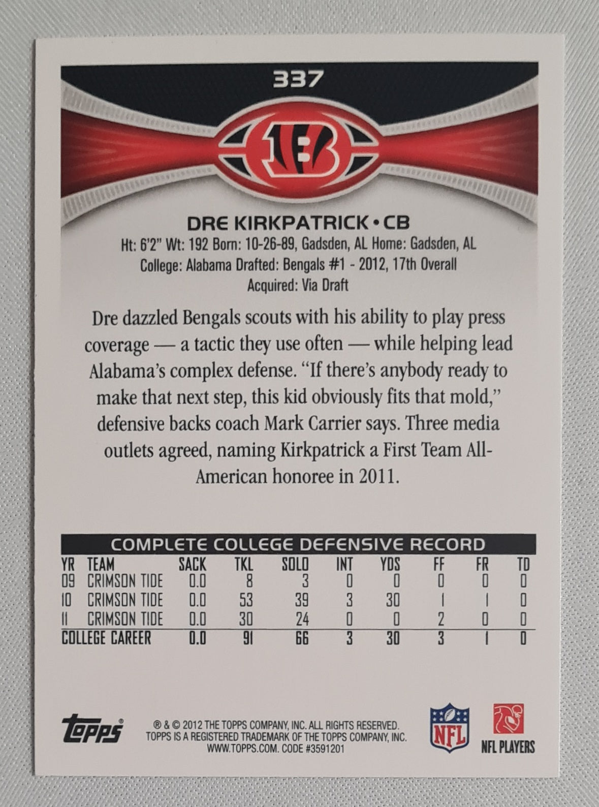 Dre Kirkpatrick - 2012 Topps NFL Football Bengals (RC) #357