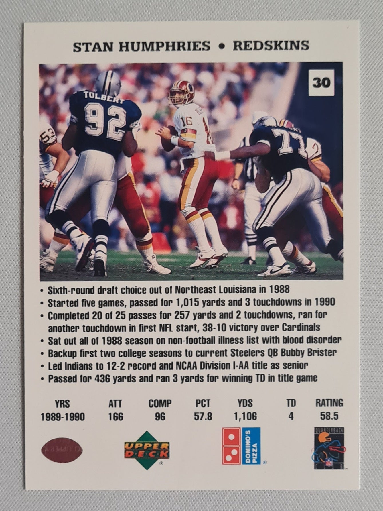 Stan Humphries - 1991 Upper Deck NFL Football Redskins #30