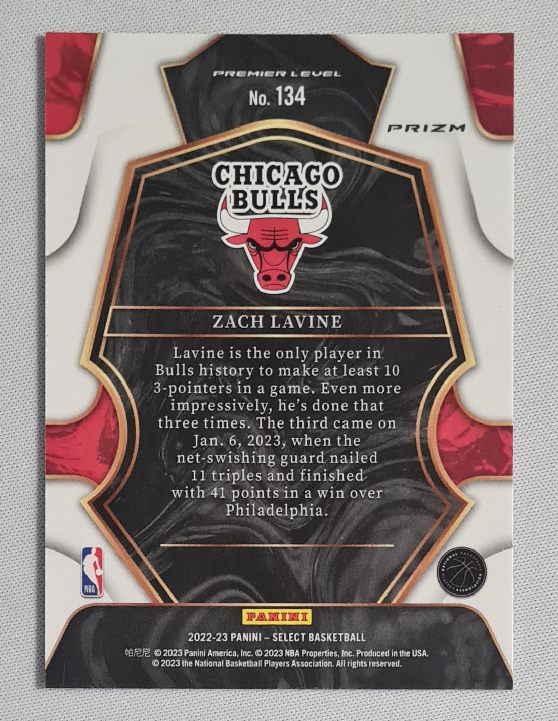 Zach Lavine - 2022/23 Panini Select Basketball NBA Chicago Bulls #134 Premier Level Prizm