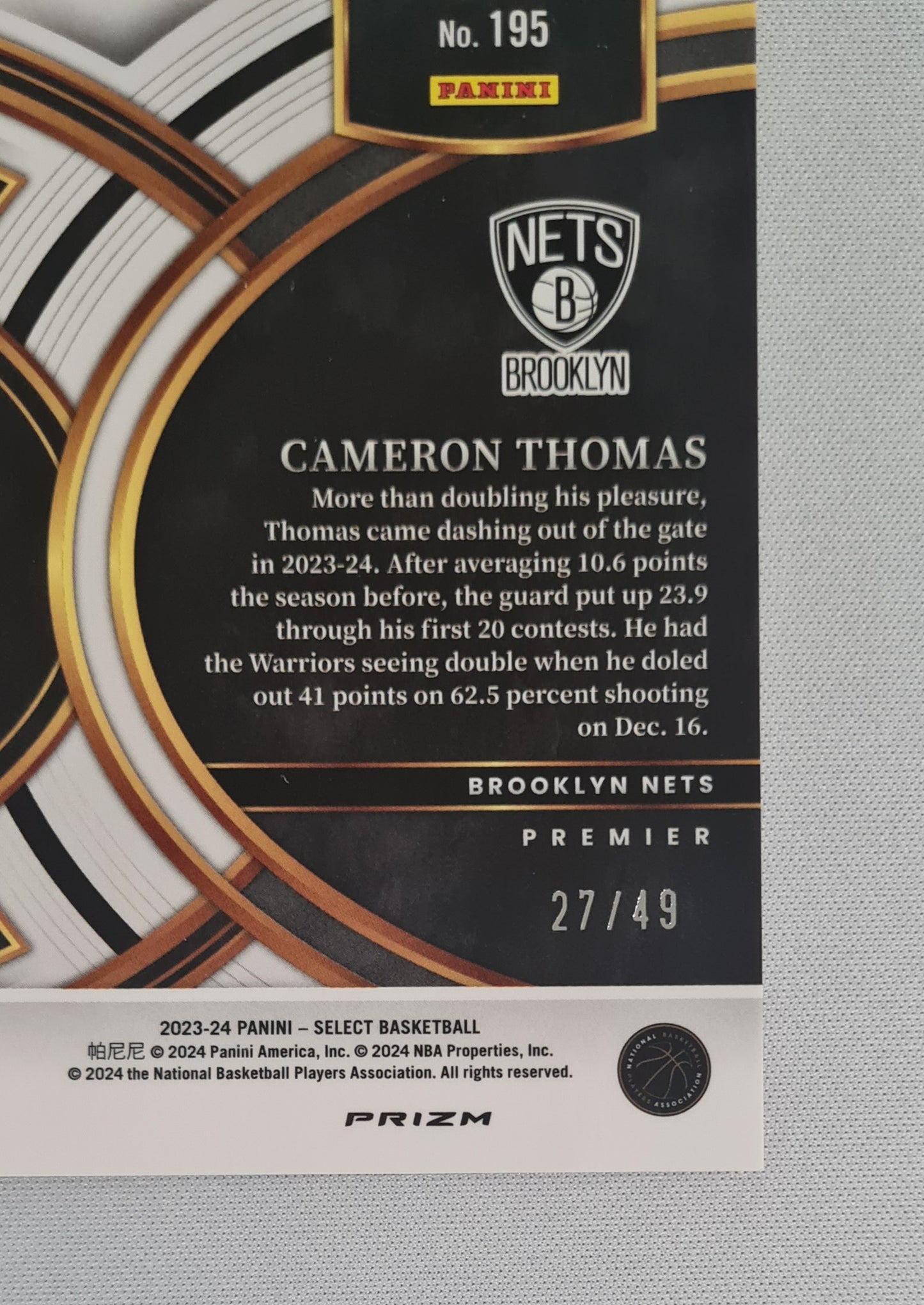 Cameron Thomas - 2023/24 Panini Select Basketball NBA Nets Brooklyn #195 Premier /49 Red Disco Refractor