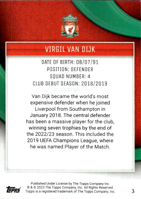 Virgil van Dijk - 2023/24 Topps Liverpool Team Set #3