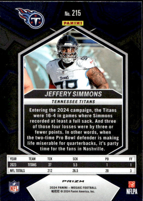 Jeffrey Simmons - 2024 Panini Mosaic Silver Prizm #215 Tennessee Titans
