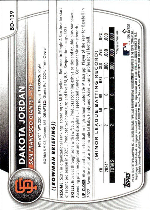 Dakota Jordan - 2025 Topps Bowman #BD-139 San Francisco Giants