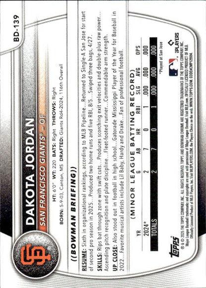 Dakota Jordan - 2025 Topps Bowman #BD-139 San Francisco Giants