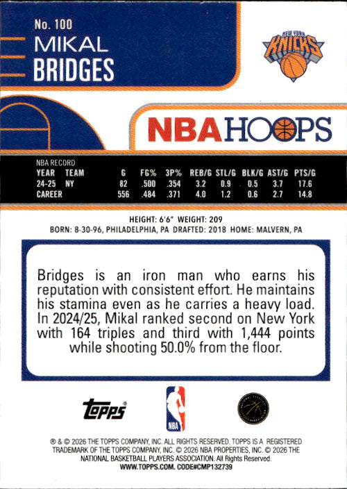 Mikal Bridges - 2025/26 Topps NBA Hoops #100 New York Knicks