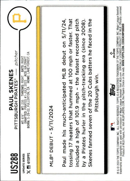 Paul Skenes - 2024 Topps Update Series Rookie Debut #US288 Pittsburgh Pirates