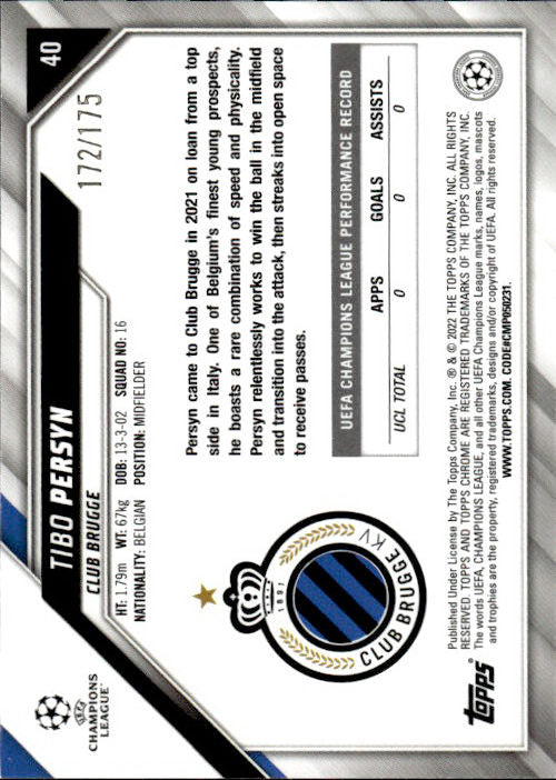 Tibo Persyn - 2022 Topps Chrome Champions League Club Brugge KV #40 /175 Pink
