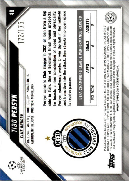Tibo Persyn - 2022 Topps Chrome Champions League Club Brugge KV #40 /175 Pink