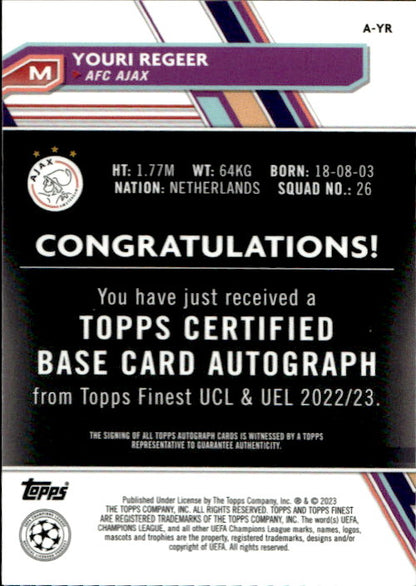 Youri Regeer - 2022/23 Topps Finest UCL Autograph #A-YR AFC Ajax
