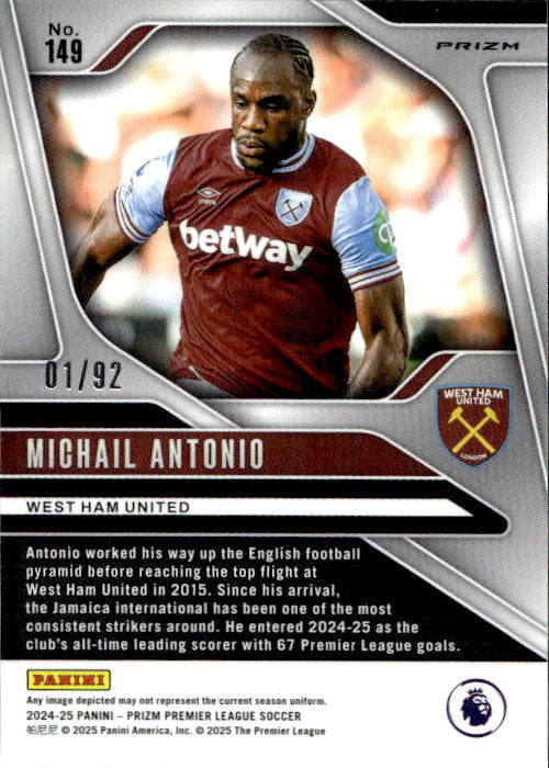 Michail Antonio - 2024/25 Panini Prizm Premier League Soccer Purple & White Stripes /92 #149 West Ham United
