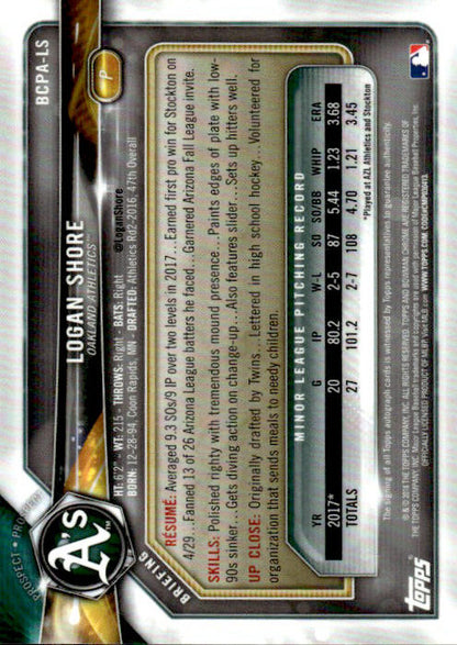 Logan Shore - 2018 Bowman Chrome Auto Purple Refractor /250 #BCPA-LS Oakland Athletics
