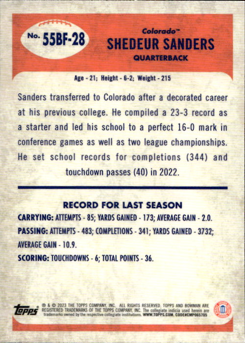 Shedeur Sanders - 2023 Topps Bowman Chrome #55BF-28 Colorado