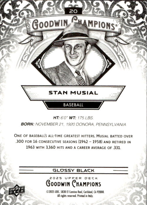 Stan Musial - 2025 Upper Deck Goodwin Champions Glossy Black #20