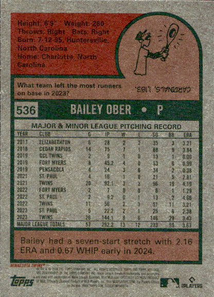 Bailey Ober - 2024 Topps Heritage #536 Minnesota Twins