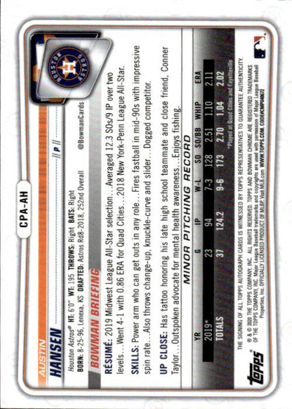 Austin Hansen - 2020 Bowman Chrome 1st Prospect Auto #CPA-AH Houston Astros