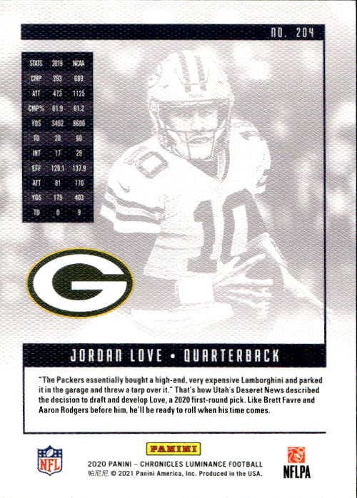 Jordan Love - 2020 Panini Chronicles Luminance #204 Green Bay Packers