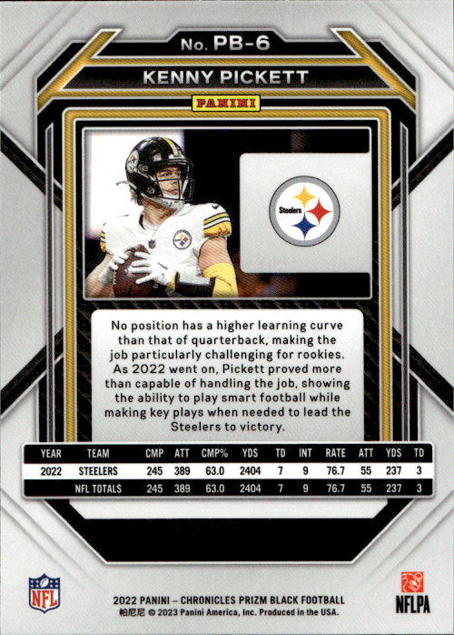 Kenny Pickett - 2022 Panini Chronicles Prizm Black #PB-6 Pittsburgh Steelers
