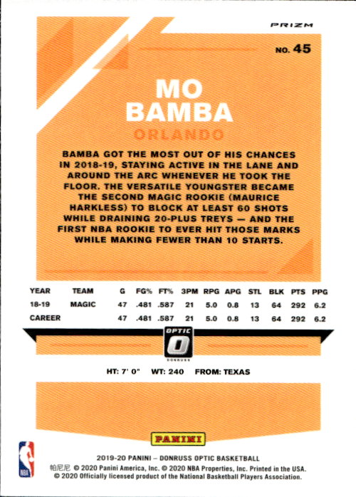 Mo Bamba - 2019/20 Panini Donruss Optic Wave Prizm #45 Orlando Magic