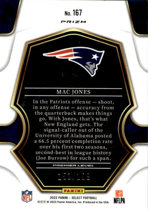 Mac Jones - 2022 Panini Select Premier Level Prizm Red, White, Blue /199 #167 New England Patriots