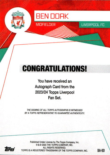 Ben Doak - 2023/24 Topps Liverpool Team Set Autograph #BA-BD