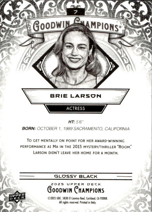 Brie Larson - 2025 Upper Deck Goodwin Champions Glossy Black #7