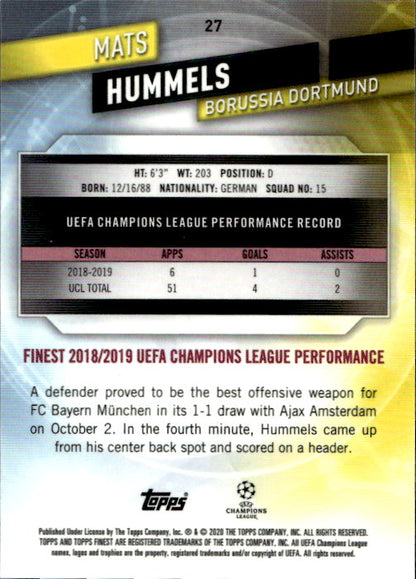 Mats Hummels - 2019 Topps Finest UCL Orange Refractor /25 #27 Borussia Dortmund