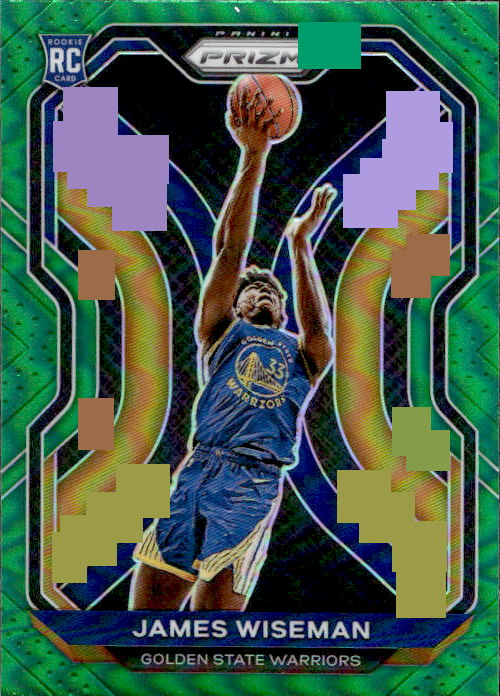 A Panini Prizm basketball trading card featuring James Wiseman of the Golden State Warriors, with a green and blue holographic design and pixelated censor blocks over the player's face and hands.