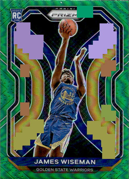 A Panini Prizm basketball trading card featuring James Wiseman of the Golden State Warriors, with a green and blue holographic design and pixelated censor blocks over the player's face and hands.